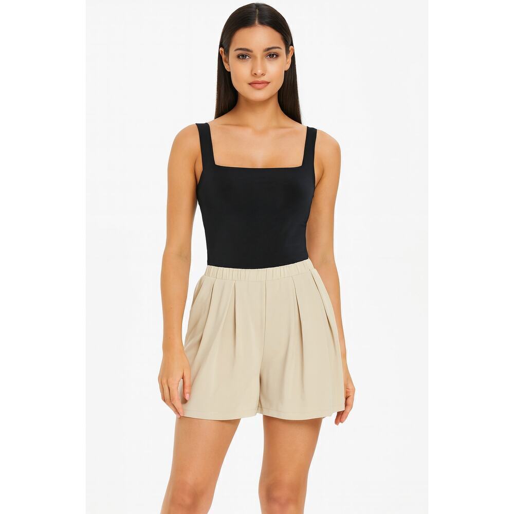Kate Kasin Women’s Pleated Beige Elastic Waist Shorts Size Large